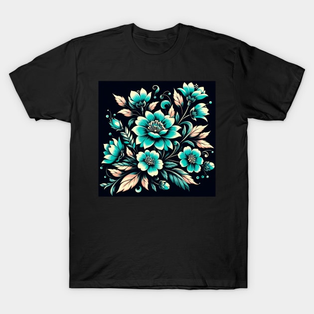 Turquoise Floral Illustration T-Shirt by Jenni Arts